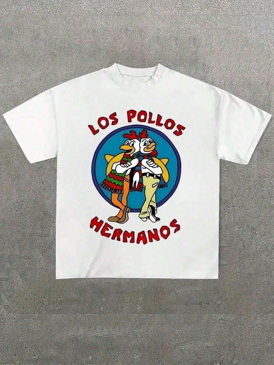 Eye - Catching Cartoon - Themed White Cotton T - Shirt With 'Los Pollos Hermanos' Design, Soft & Casual, 220gsm Pattern Printed Tee Soft TOP - White - View 1