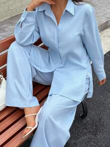 Ensemble 2 pièces pour femme de style arabe, composé d'un cardigan casual à col polo polyvalent en couleur unie élégante, en tissu doux, avec un Top ample et de pantalons larges à plis détendus. Idéal pour la plage, le bureau et la rue.