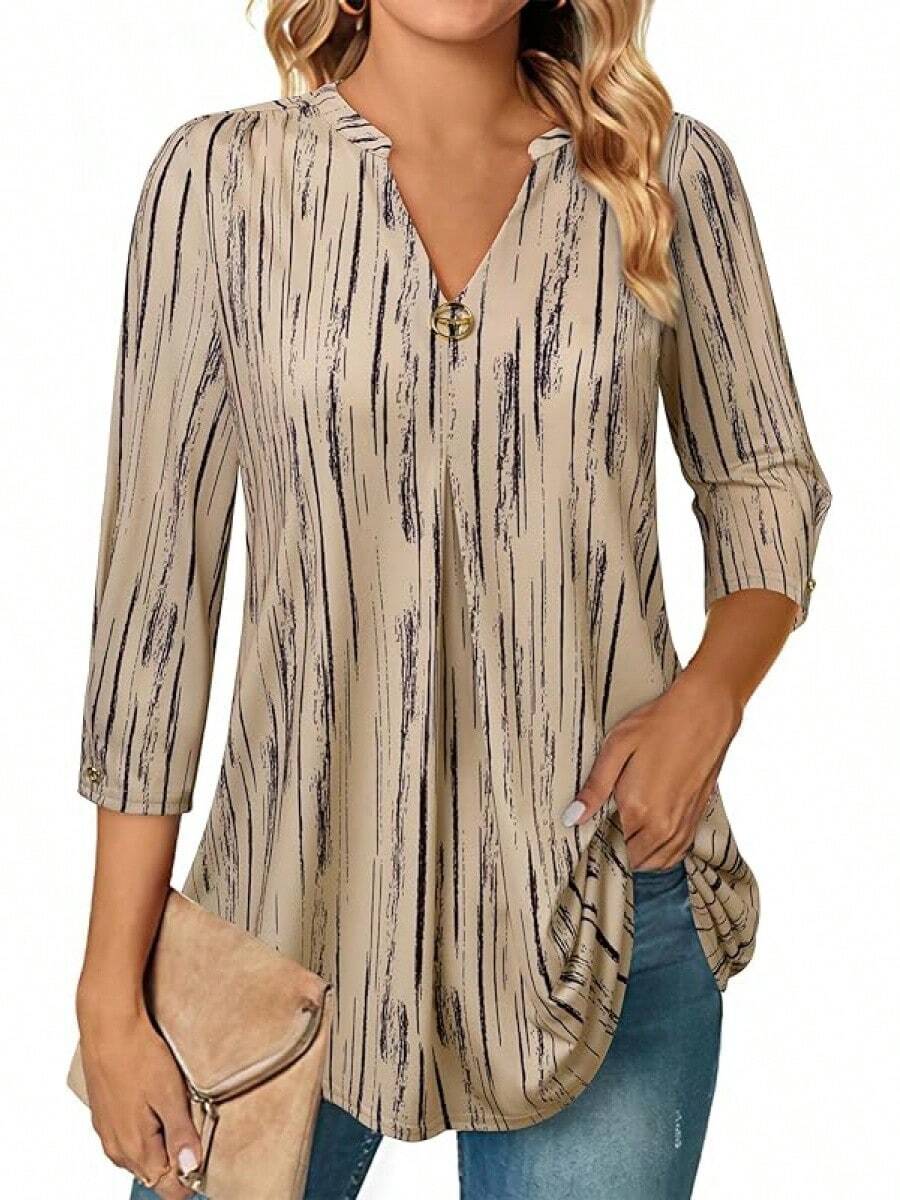 VALOLIA Womens Tops 3/4 Sleeve Shirts V Neck Blouses Dressy Casual Tunic Tops M-XXL - 米色 - 查看 1