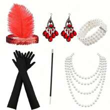 Set de 6 piese de accesorii decorative elegante pentru femei, stil vintage, anii 1920, pentru petrecere, inclusiv paiete, bentițe cu pene, accesorii de păr cu pene, cercei cu pandantiv, coliere cu perle, brățări, mănuși și tuburi pentru țigări, Halloween