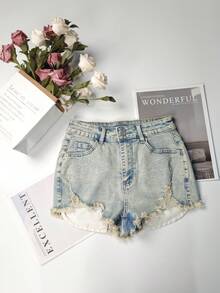 女式街头风格水洗磨边弹力牛仔短裤，春夏 - 淺色水洗藍 - 查看 7