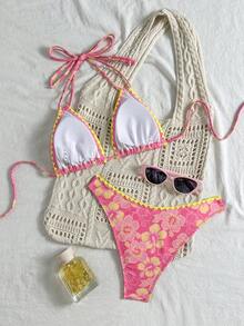 Ladies' New Western Style Fashionable Beach Vacation Casual Floweret Print Backless Bikini Two Pieces Swimsuit Set Summer - Multicolor - View 3