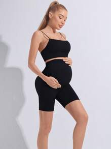 2 buc/set pantaloni de yoga pentru maternitate, fără cusături, culoare uni, talie înaltă, cu nervuri, pantaloni scurți sport, model simplu, croit