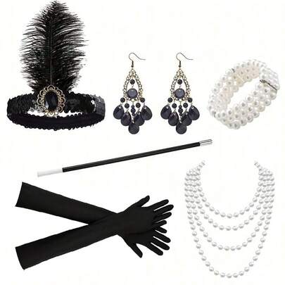 6-Piece Set Of 1920s Women's Headwear, Elegant And Sexy Clothing Accessories, High-End Retro Accessories, Bachelor Party Makeup Ball, Single Feather Hair Strap, Bracelet Gloves, Lace Hand Fan, Hand Decoration 6-Piece Set Halloween