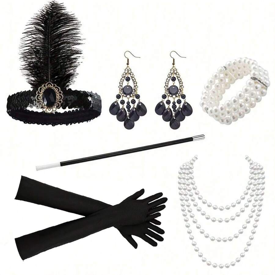 6-Piece Set Of 1920s Women's Headwear, Elegant And Sexy Clothing Accessories, High-End Retro Accessories, Bachelor Party Makeup Ball, Single Feather Hair Strap, Bracelet Gloves, Lace Hand Fan, Hand Decoration 6-Piece Set Halloween - Multicolor - View 1