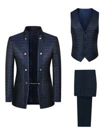 Men's Wedding Suit Three-Piece Suit, High-End New Chinese Style Dark Flower Pattern, Exquisite Metal Buckle Chain Closure Formal Suit, Suitable For Weddings, Parties, Any Formal Occasions - Blue - View 5
