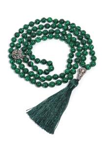 YAUKIA Collier long à gland de 8 mm, collier de perles de malachite bohème, collier de perles vertes mala, méditation, yoga, bijoux de prière pour femmes et hommes