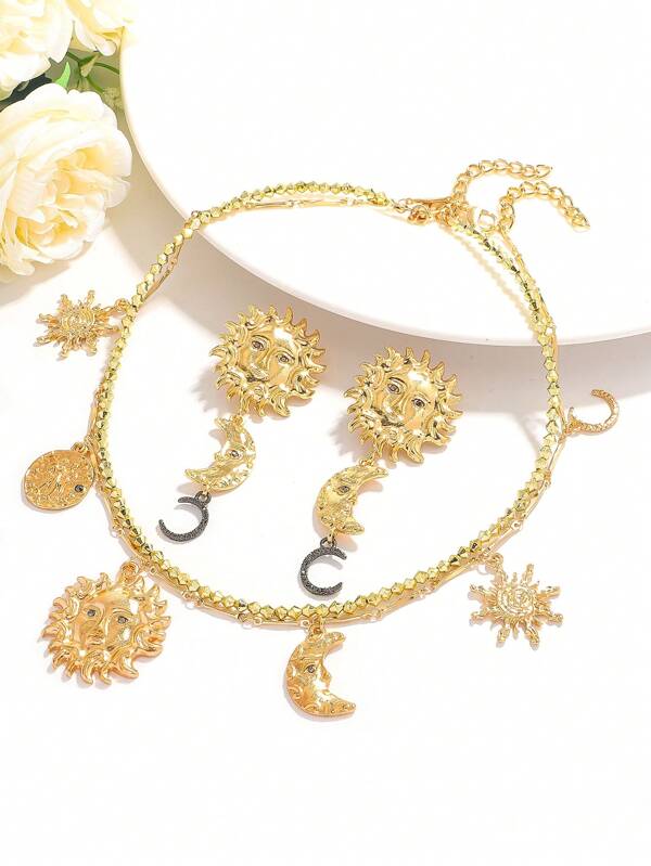 3Pcs/Set Enamel Gold Sun, Moon & Portrait Pendant Necklace Earrings Set, Elegant Luxury Double-Layer Circular Necklace Suitable For Parties, Banquets, Large Gathering Women Jewelry
