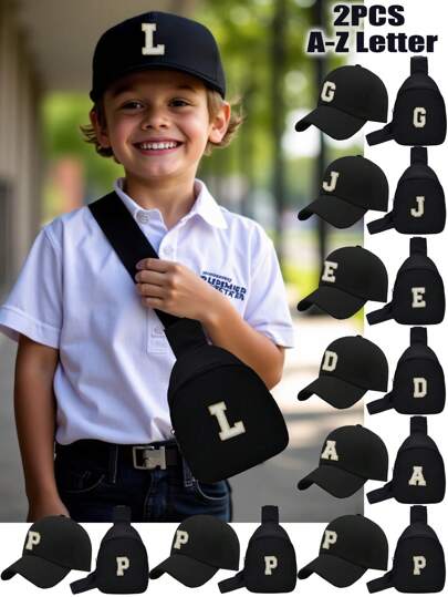 Ensemble 2 pièces casquette de baseball pour enfants, 26 lettres imprimées, chapeau de chauffeur de camion et sac de poitrine, chapeau de soleil décontracté et à la mode, mini porte-monnaie pratique, idéal pour la rentrée scolaire, les activités de plein air, les voyages, les anniversaires.