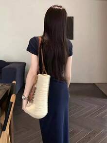 海军蓝色系带短袖连衣裙，夏季端庄紧身美人鱼连衣裙，腰部收褶 - 藏蓝色 - 查看 6