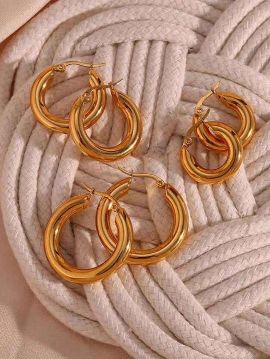 3 Pairs Of Stainless Steel Earrings In Large, Medium And Small Sets, Designed For Women, Featuring A Simple And Retro Style In Gold.