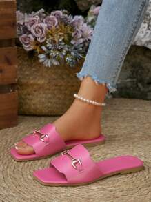 Women's Metal Buckle Slip-On White Sandals, Summer