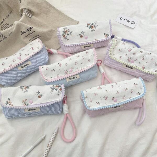 1 peça bolsa de caneta fofa para estudantes organizadora de papelaria floral coreana bolsa de armazenamento para meninas portátil