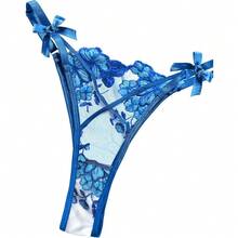 Lilosy Sexy Underwire Cute Push Up Strappy Embroidered Mesh Sheer Lingerie Set See Through Panty Bra - Hoa nơ màu xanh - Xem 4