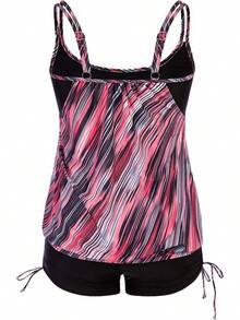 Womens Plus Size Striped Printed Strappy Tankini Top With Shorts Two Pieces Swimsuit - Red Stripes - View 2