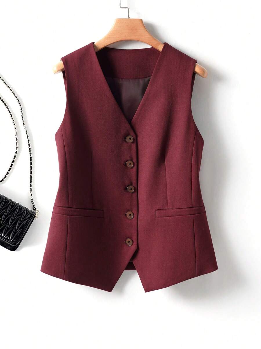 Women's Solid Color Vest, V-Neck Jacket, Slim Fit Slimming, Spring/Autumn, Fashionable For Commuting, Suitable For Opening Doors, Women's Apparel Summer - Burgundy - View 1