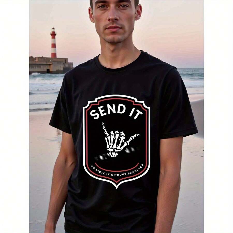Natee Send It: No Victory Without Sacrifice, Religious T- Shirt Funny Men' S Short Sleeve Pattern T- Shirt Series Black Suitable For Valentine' S Day, Unique And Interesting Print Patterns, Punk Gothic Style Fit For Men - Black - View 1