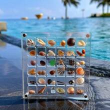 1 PIEZA Caja de almacenamiento con 36 compartimentos de acrílico transparente cuadrada estilo playa para exhibir especímenes de micropierdras, caja de almacenamiento de escritorio para joyas artesanales, caja de decoración, caja de almacenamiento DIY, regalo de vacaciones