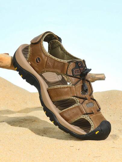 Sandalias de verano para hombres de suela blanda, sandalias casuales de cuero genuino transpirables, sandalias casuales de suela gruesa antideslizante para la playa, zapatos de agua para exteriores con puntera reforzada