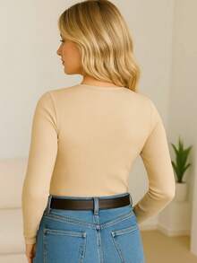 Long Sleeve Winter Blouse V Neck Ribbed Ribbed Simple Casual Everyday - Desnudo - Ver 3