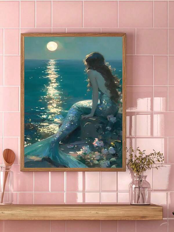 1 pieza Póster en lienzo sin marco - Sirena encantadora en la escena del océano bajo la luz de la luna - Obra de arte de estilo anime de alta calidad para la sala de estar, dormitorio, oficina, regalo ideal, decoración de la habitación, decoración de pared