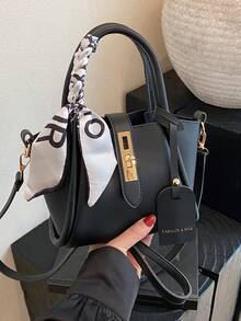 1pc Fashion Simple Buckle PU Dual Compartment Shoulder/Crossbody/Handbag With Random Scarf, Suitable For Daily Use - Black - View 7