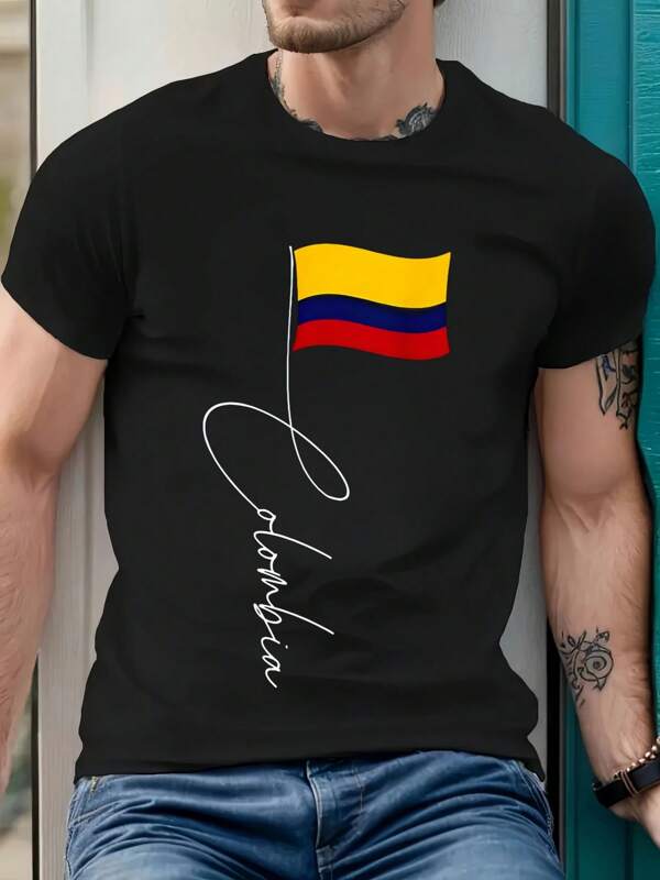 Camiseta de hombre con bandera de Colombia, cuello redondo, 220 g/m², verano, algodón puro, manga corta (1 pieza)