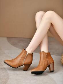女士修身高跟靴，适合派对，舒适时尚，百搭棕色粗跟靴，保暖马靴，皮革尖头粗跟侧拉链秋冬马靴，女靴 - 棕色 - 查看 5