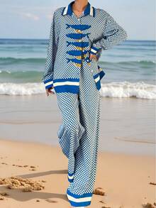 女士宽松休闲沙滩度假格子撞色柠檬沙丁鱼印花长袖上衣和裤子两件套，秋冬春季 - 藍色 - 查看 3