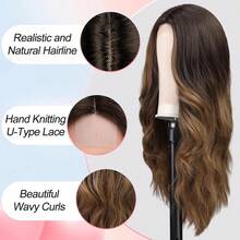 Peluca ondulada larga ombre marrón para mujeres, pelucas de encaje frontal de aspecto natural, peluca rizada de 66 con raya en medio - Marrón mixto - Ver 2