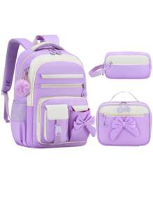 3PCS Girls School Backpack Set With Bowknot, Lunch Box Bag & Pencil Case, Lightweight Multi-Pocket Student Bookbag, Fits 15.6 Inch Laptop, Travel Backpack, Back To School Essential, Ideal Birthday Gift 