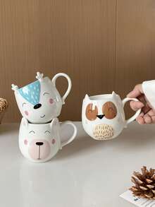 1 件手绘陶瓷杯，带有猫头鹰、狐狸、鹿、熊等可爱动物图案，创意卡通风格杯子，适用于家居装饰、咖啡拿铁杯、早餐牛奶和燕麦碗、礼物和情侣杯 - 彩色 - 查看 5