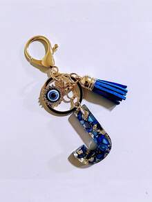 1pc Chic Blue Resin Alphabet Initial Keychain With Evil Eye & Tassel - Stylish Oblong Letter Charm, Rhinestone Embellishments, Lobster Clasp - Perfect Everyday Accessory & Thoughtful Gift For Women, Ladies Key Ring Backpack For School Car Accessories Cute Goth Y2k - Multicolor - View 30