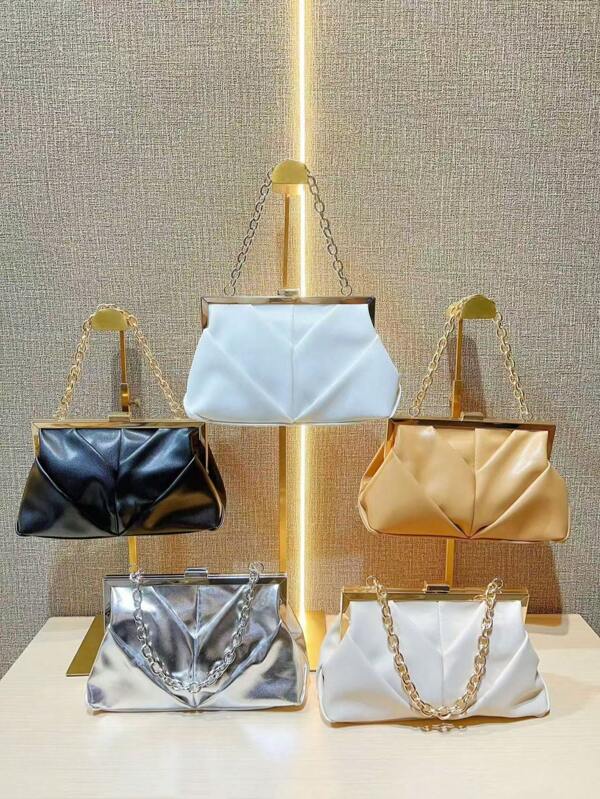 New Fashion Vintage Elegant Pleated Kiss-Lock Closure Evening Bag,Shinny Metal Chain Holder Frame Cross Body Clutch Bag,Kiss Lock Handbag For Party, Wedding, Prom, Nightclub, Birthday, Anniversary Gift, Perfectly Matching With Prom Dresses For Women, Prom Accessories,Sequin Dress Women,Sparkly Dress,Elegant Dresses For Women
