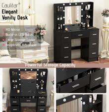 Large Vanity Desk With Lighted Mirror & Drawer Dressing Table LED Lights - Black Dressing Table Set With Drawers And Open Shelves