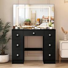 100cm Dressing Table Black Vanity With LED Mirror And Drawers Makeup Desk Set - LED Lighted Mirror Dresser Table With Drawers Vanity Desk Bedroom