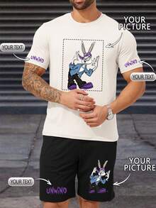 Conjunto masculino personalizado de 2 peças com camiseta branca e shorts preto, caimento casual e solto, personalize com suas próprias fotos (casais, animais de estimação, fotos de grupo), texto (nomes, slogans, citações), ótimo para namorado, família, amigos, aniversário, presentes de feriado, dia dos namorados, aniversário