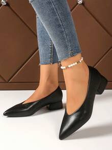 Women Solid Color Chunky Heel Pumps, Elegant Basic Business Chic Office & Wedding Shoes, Spring/Summer/Autumn - Black - View 2