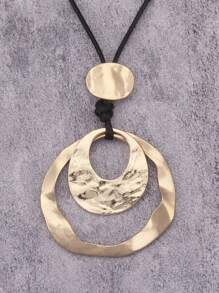 1pc Fashion Oval Hollow Alloy Pendant Necklace, Unisex, Black Wax Cord Simple Hip-Hop Necklace, Suitable As Gift For Boyfriend Or Girlfriend