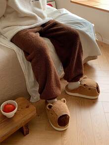 XIXITIAO New Couple Cute Capybara Cartoon 3D Pattern Warm Indoor Plush Slippers, Comfortable Flat Brown Soft Slip-On Home Shoes For Winter