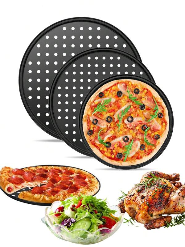 1 Stück Pizzablech mit Antihaftbeschichtung, Pizzapfanne mit Löchern, runder Pizzateller, Pizzabackblech für Familien-Restaurant-Küche, Backen, Grillen von Hähnchen, Grillen von Fleisch, Backblech aus Kohlenstoffstahl, kohlenstoffstahl perforierte antihaftbeschichtete Küchengeräte, Pizzapfanne für den Ofen