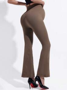 孕妇无缝纯色罗纹高腰紧身裤，基本款修身瑜伽紧身喇叭裤 - 棕色 - 查看 2