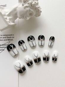10 Pieces Of Hand Pressed Square Nails, Summer Nail Art, Beautiful Fake Nails, DIY, Halloween, Silver Striped Nail Accessories Black And White Nail Sequins, Reusable Nail Art Supplies For Girls And Ladies In Weddings, Parties, Holiday Scenes, Gift A Nail Kit
