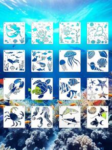 16pcs/Set Marine Life Hollow Drawing Template, Sketch Tracing Painting Graffiti Auxiliary Tool For DIY School Supplies, Back To School