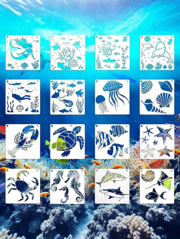 16pcs/Set Marine Life Hollow Drawing Template, Sketch Tracing Painting Graffiti Auxiliary Tool For DIY School Supplies, Back To School