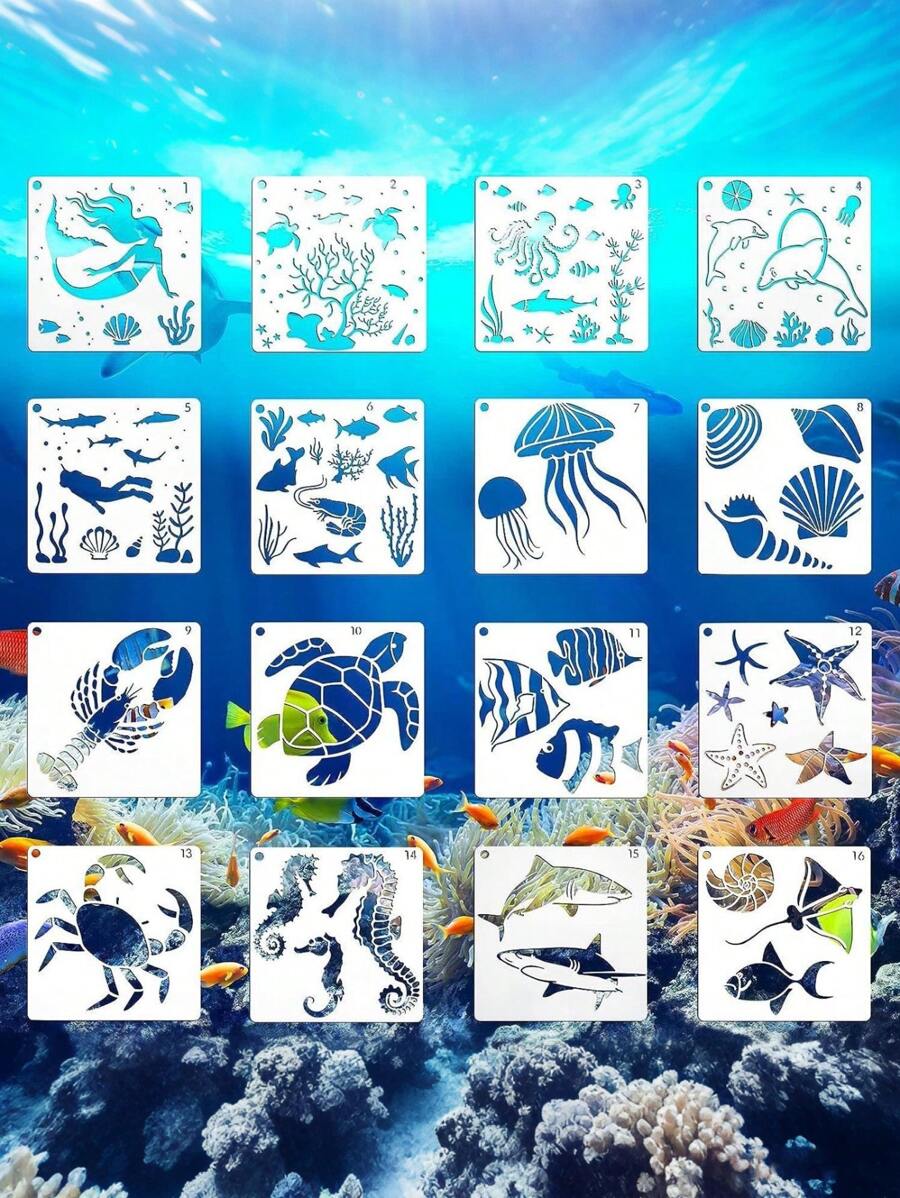 16pcs/Set Marine Life Hollow Drawing Template, Sketch Tracing Painting Graffiti Auxiliary Tool For DIY School Supplies, Back To School