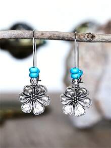 一对复古波西米亚风仿绿松石串珠花朵耳环，珠宝礼品，适合女性日常、派对、旅行佩戴 - 彩色 - 查看 5