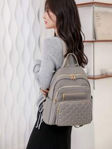 防盗铆钉尼龙背包，女士钱包，多功能时尚日常包，多口袋轻便旅行包，大容量简约背包，便捷背包，适合学生、护士、教师、商务人士、旅行、通勤、购物、办公、约会、徒步、训练、工作，生日礼物、节日礼物，背包 - 灰色 - 查看 12