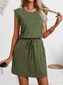 Robe femme grandes tailles de couleur unie, manches courtes, taille cintrée affinante