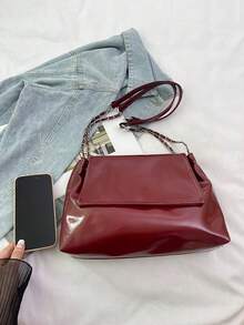 春季新款时尚链条肩带托特包，大容量单肩斜挎包带翻盖，腋下面包包，百搭办公室通勤包女士 - 酒紅色 - 查看 3